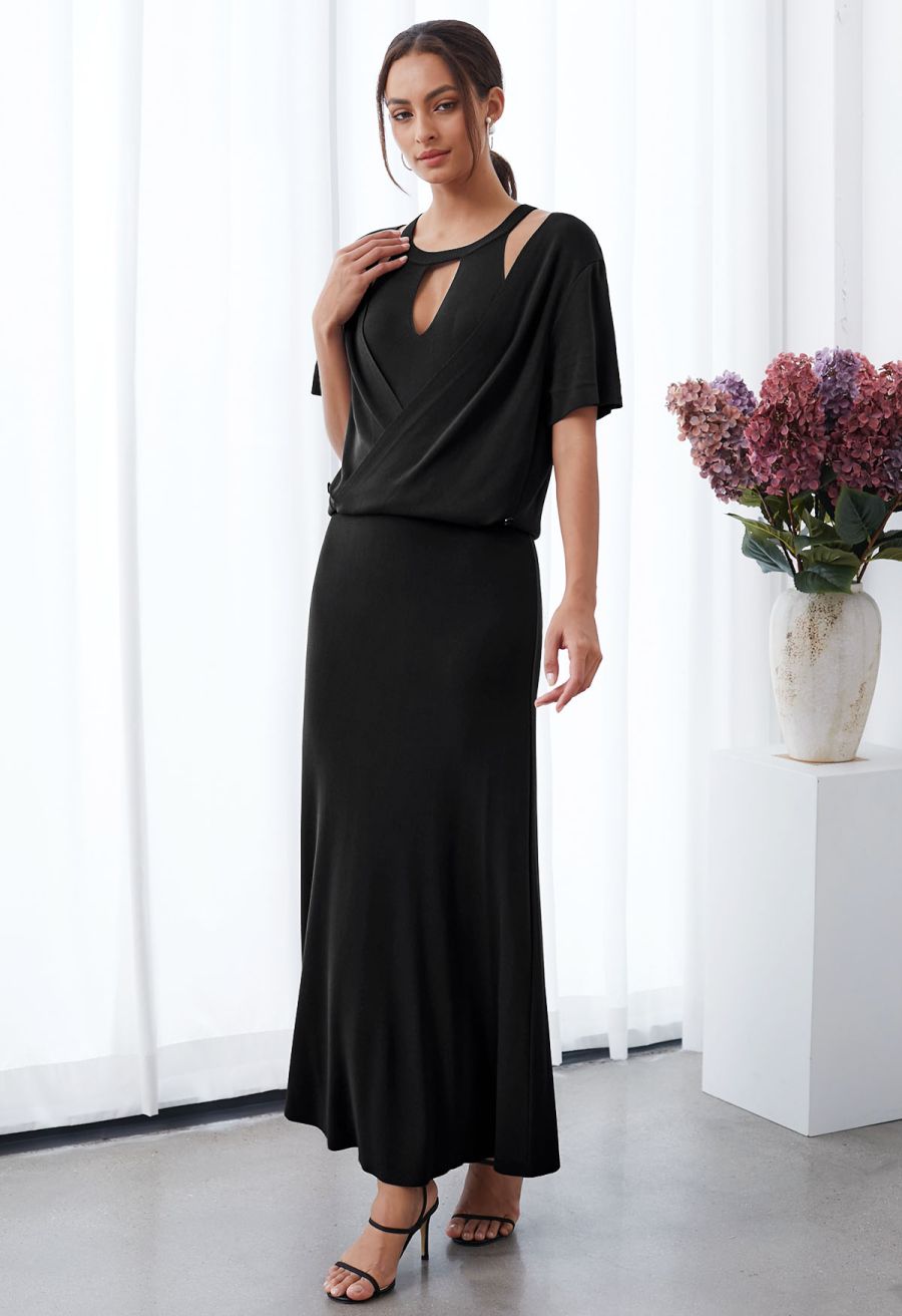 Halter Neck Cutout Wrap Knit Twinset Dress in Black