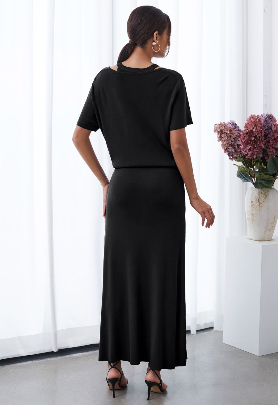 Halter Neck Cutout Wrap Knit Twinset Dress in Black