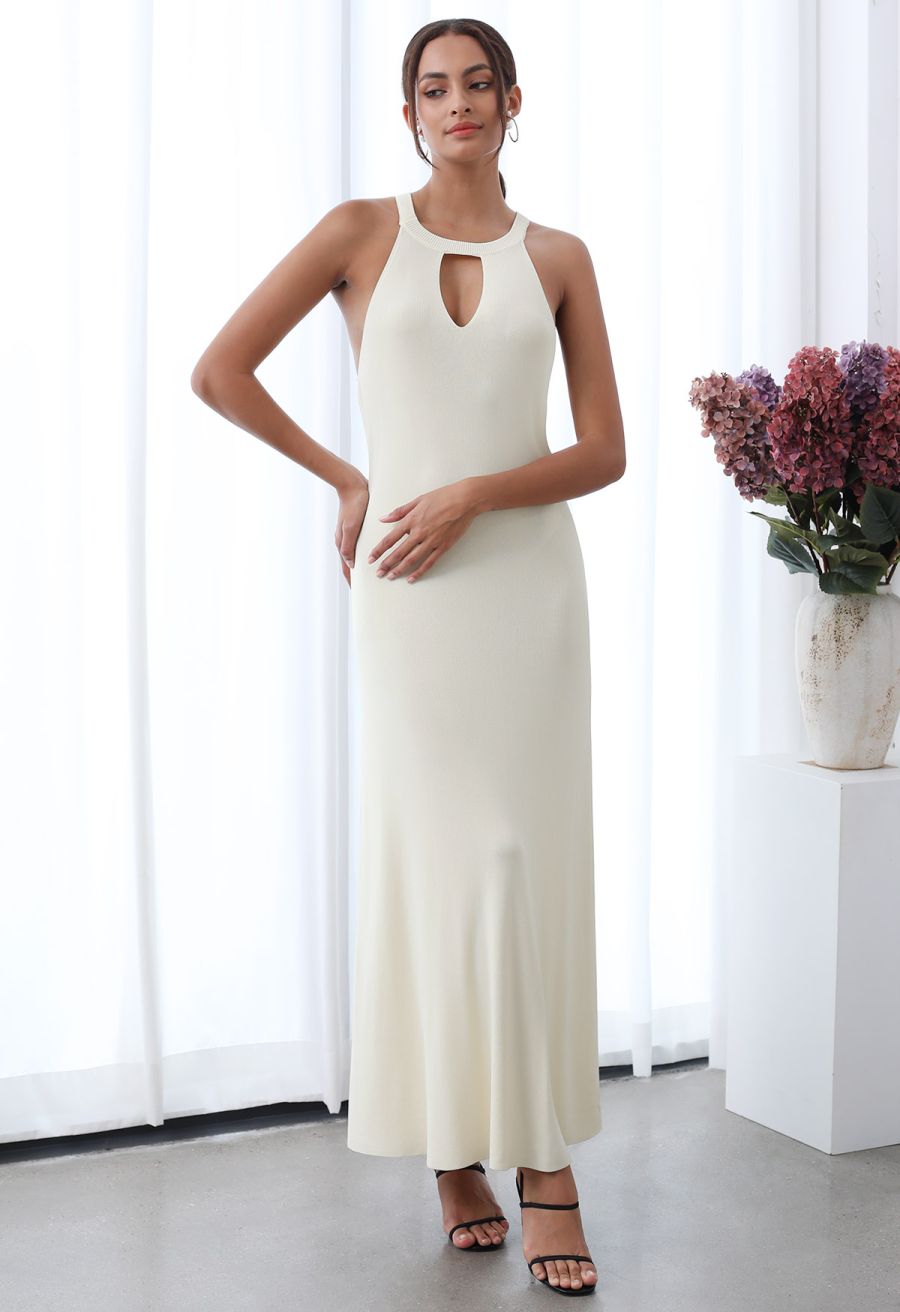 Halter Neck Cutout Wrap Knit Twinset Dress in Cream