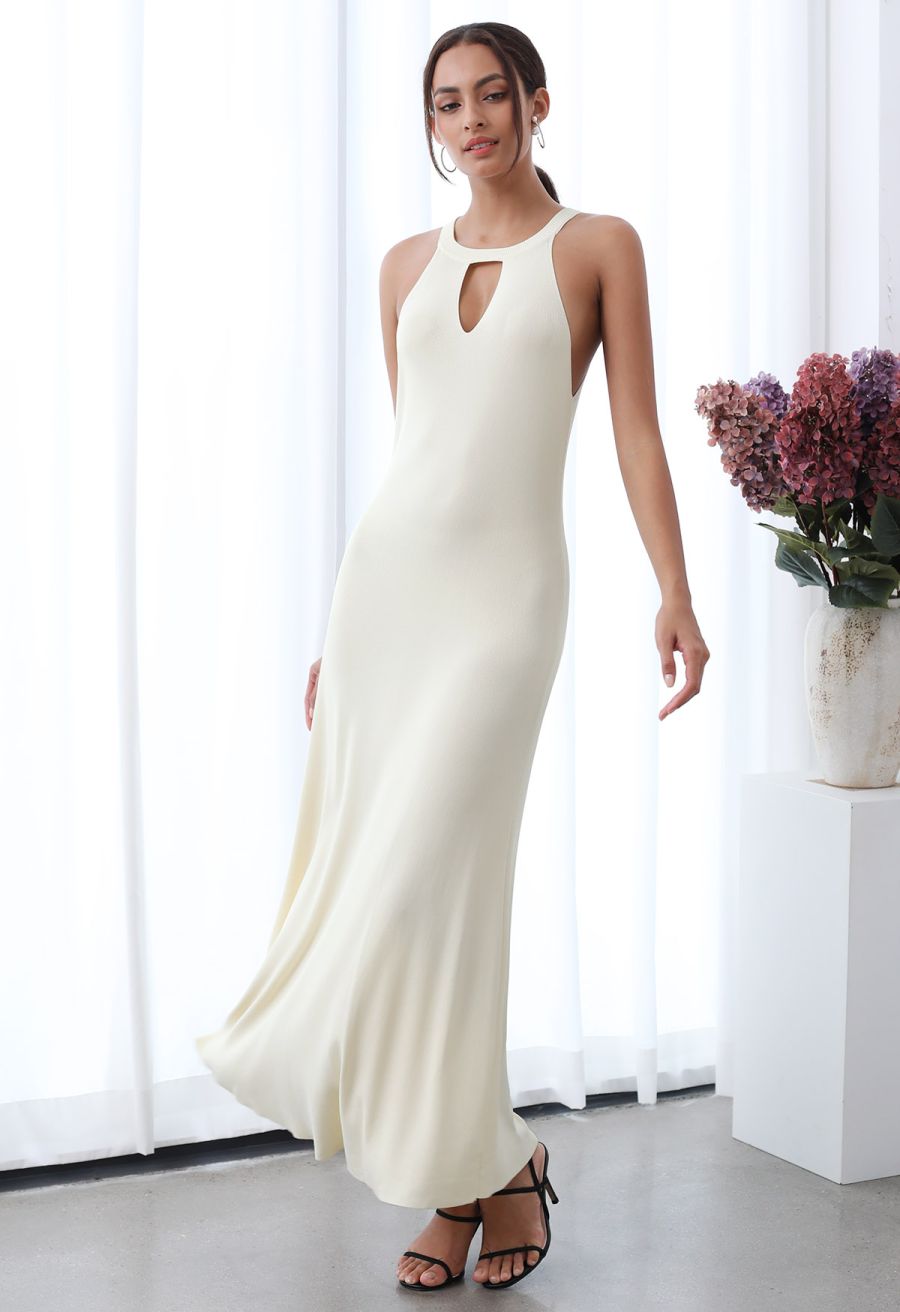 Halter Neck Cutout Wrap Knit Twinset Dress in Cream