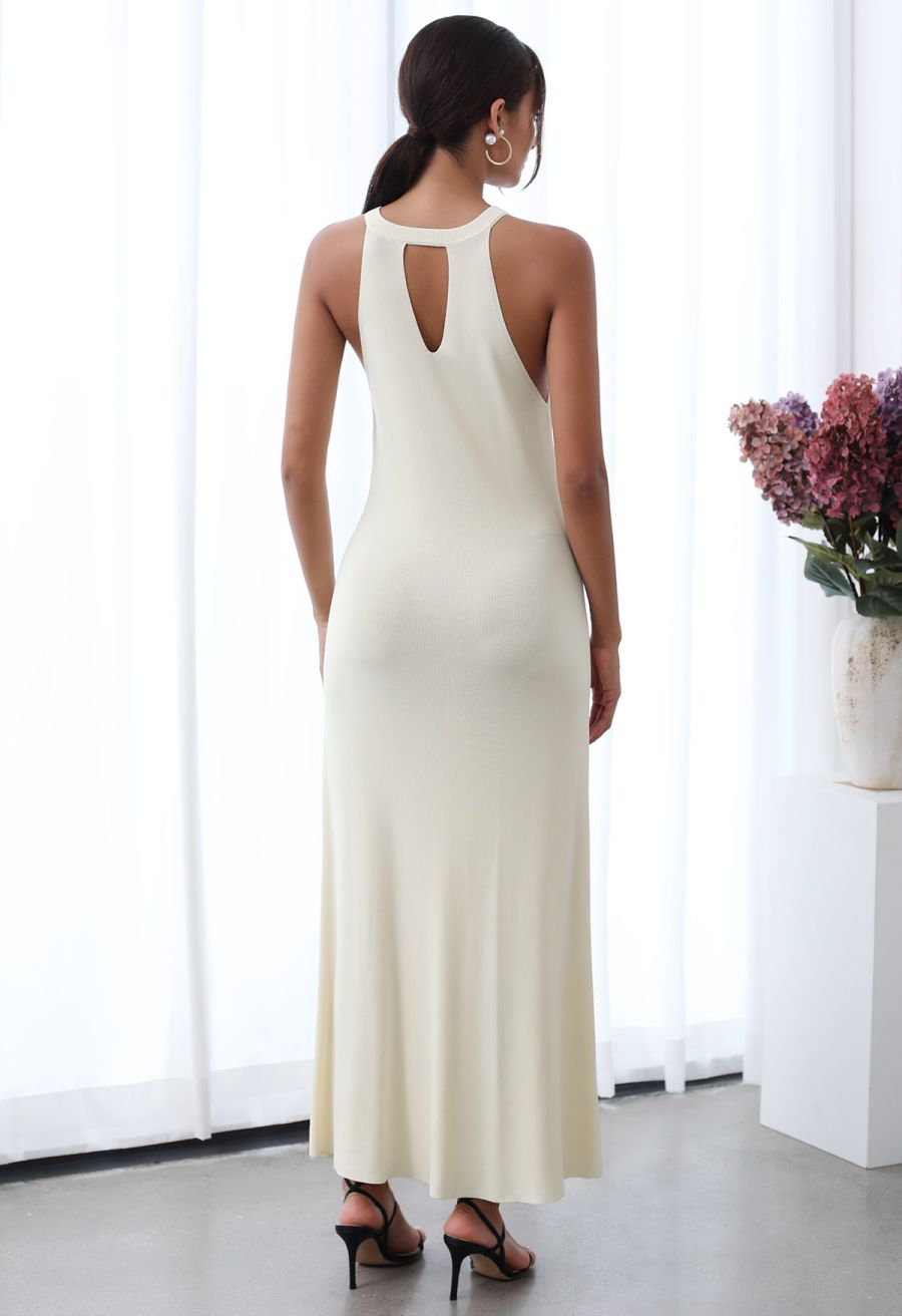 Halter Neck Cutout Wrap Knit Twinset Dress in Cream