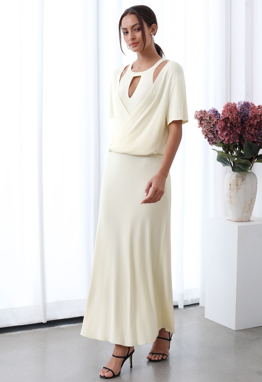 Halter Neck Cutout Wrap Knit Twinset Dress in Cream
