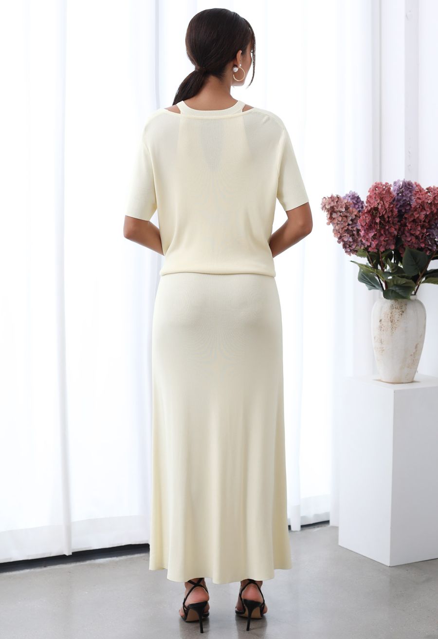 Halter Neck Cutout Wrap Knit Twinset Dress in Cream