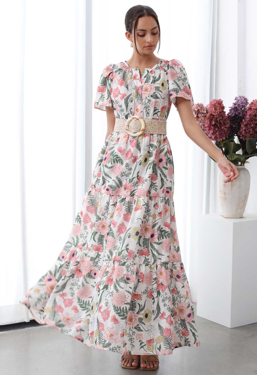 Blushing Pink Floral Eyelet Embroidered Maxi Dress