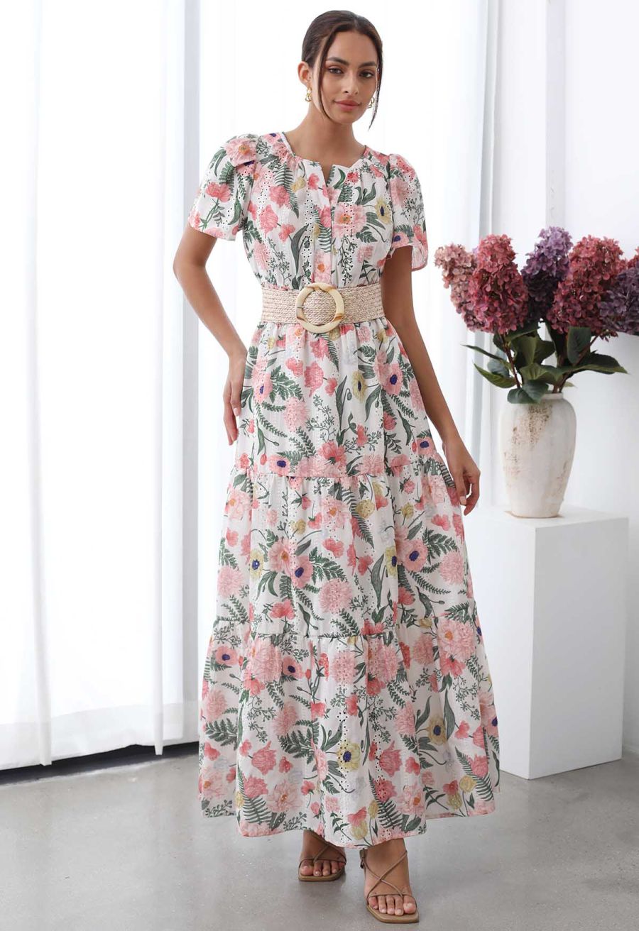 Blushing Pink Floral Eyelet Embroidered Maxi Dress