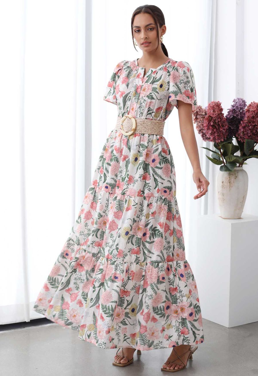 Blushing Pink Floral Eyelet Embroidered Maxi Dress
