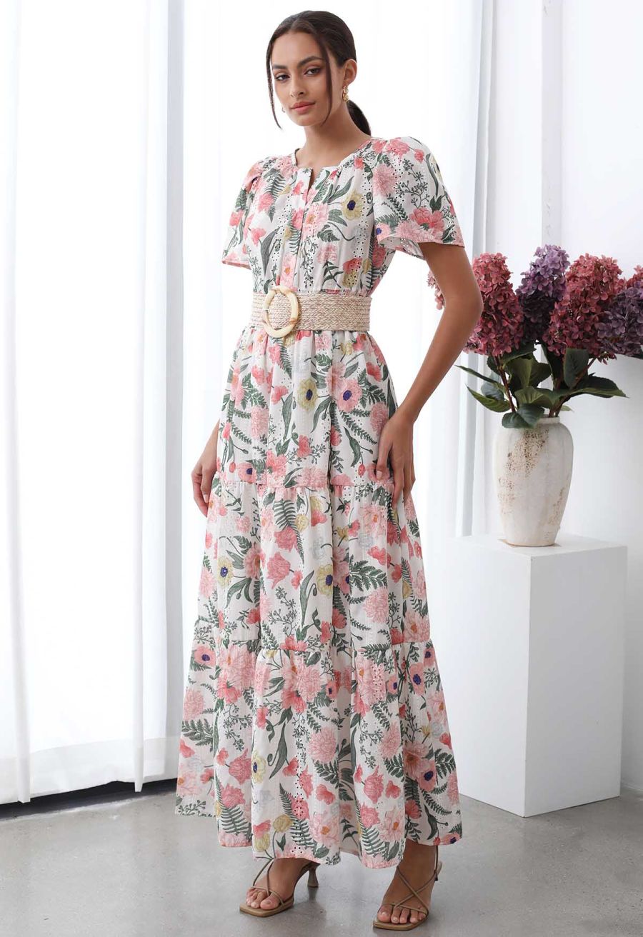 Blushing Pink Floral Eyelet Embroidered Maxi Dress