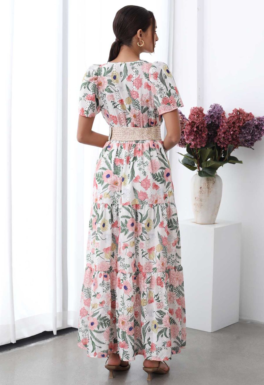 Blushing Pink Floral Eyelet Embroidered Maxi Dress