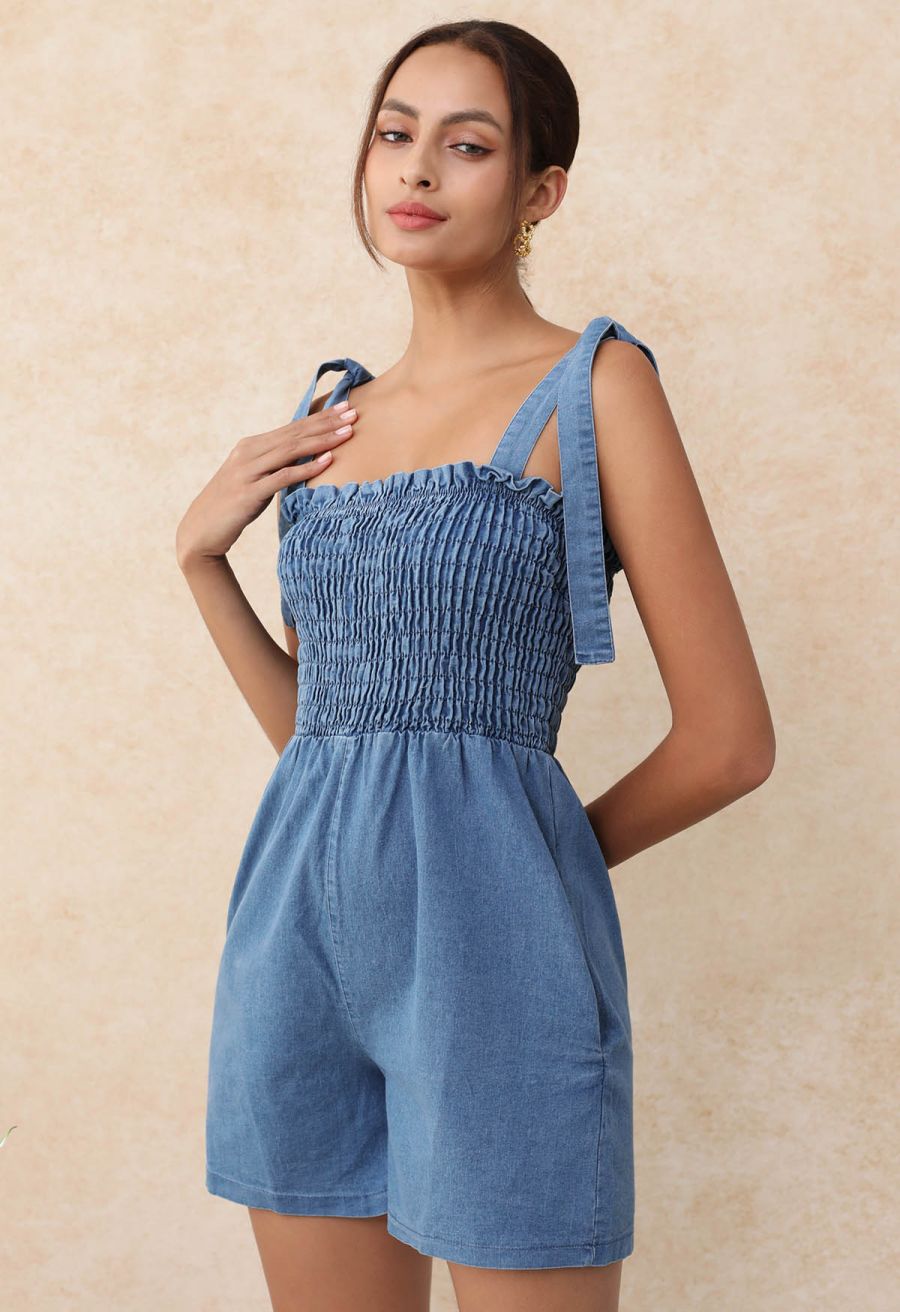 Self-Tie Strap Shirred Denim Playsuit
