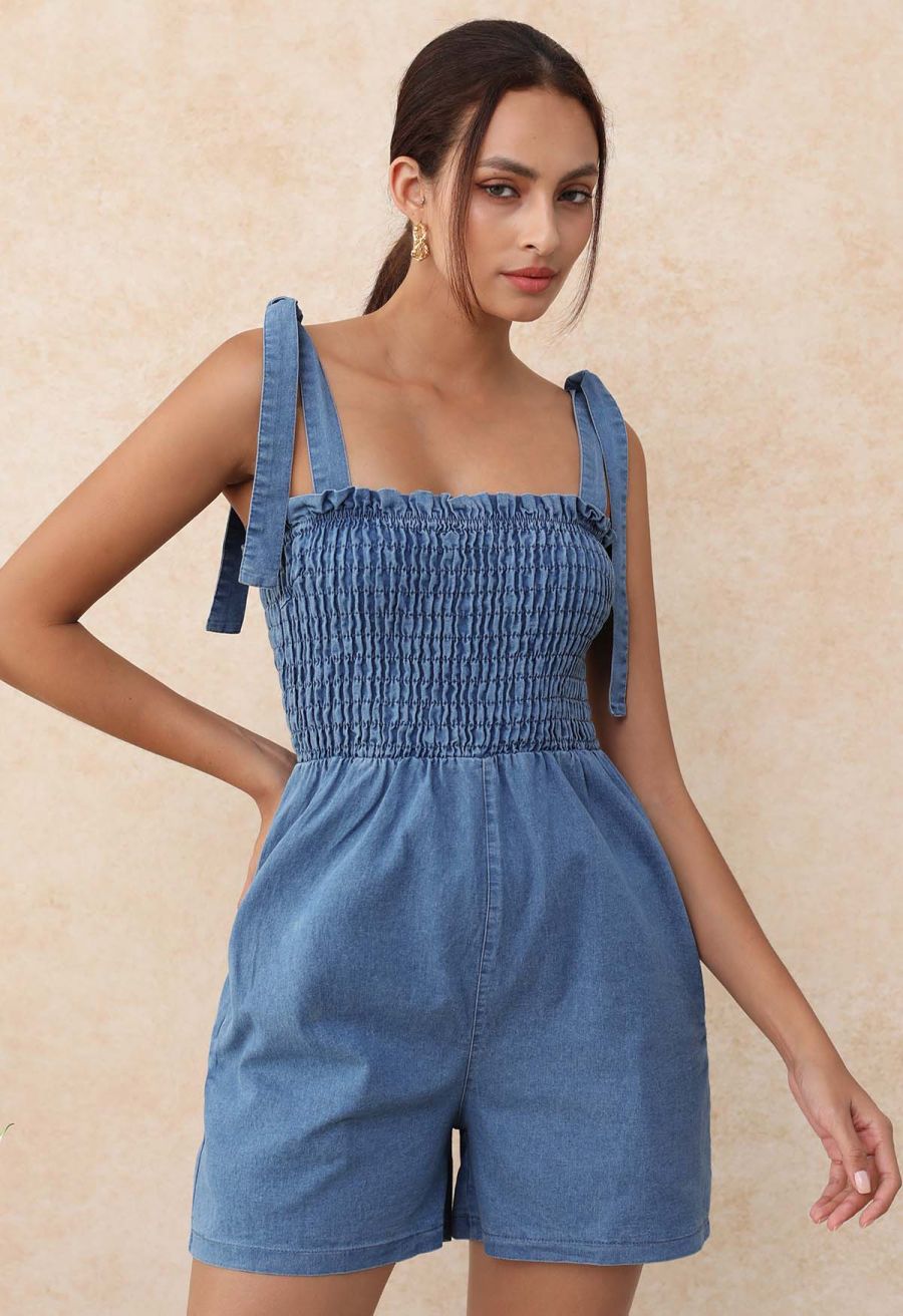Self-Tie Strap Shirred Denim Playsuit