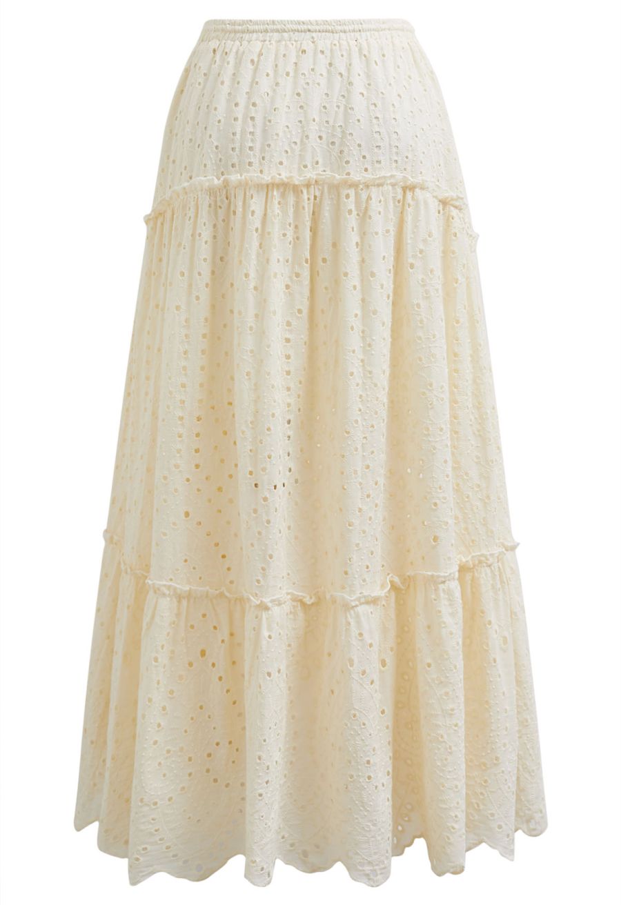 Eyelet Embroidery Tassel String Maxi Skirt in Light Yellow