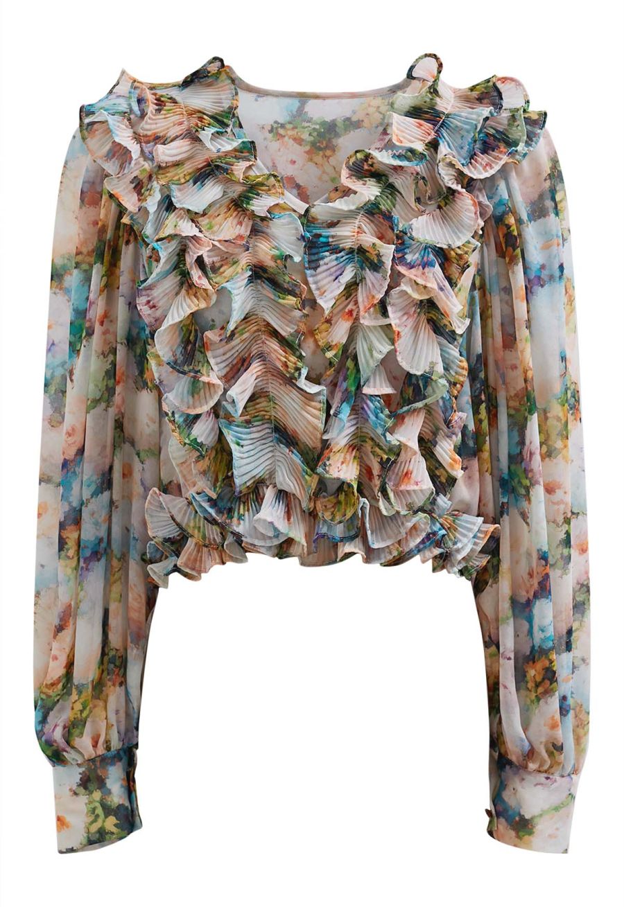 Fluttering Ruffle Floral Chiffon Crop Top in Multicolor