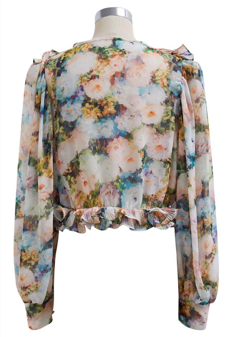 Fluttering Ruffle Floral Chiffon Crop Top in Multicolor
