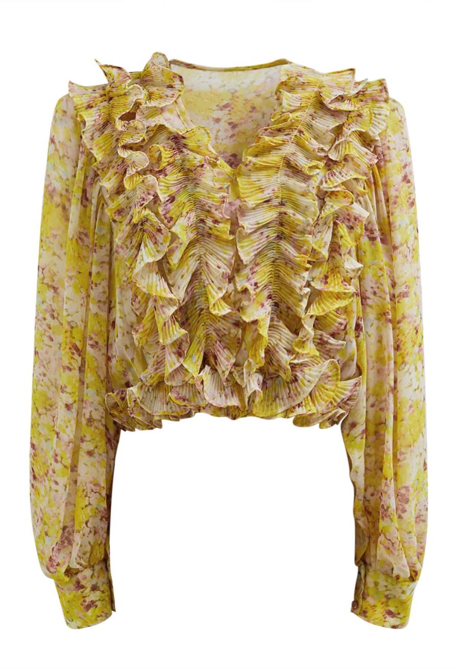 Fluttering Ruffle Floral Chiffon Crop Top in Yellow