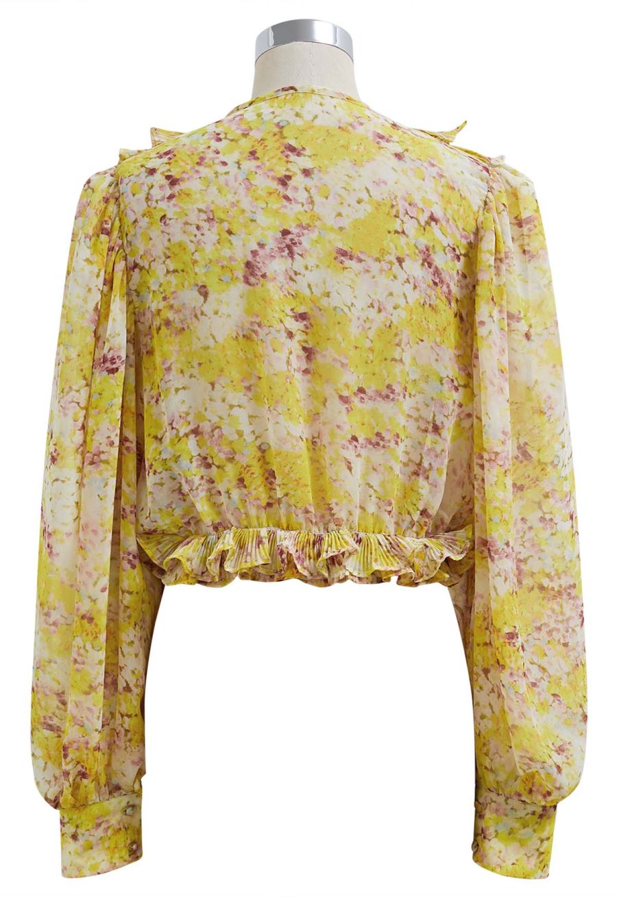 Fluttering Ruffle Floral Chiffon Crop Top in Yellow