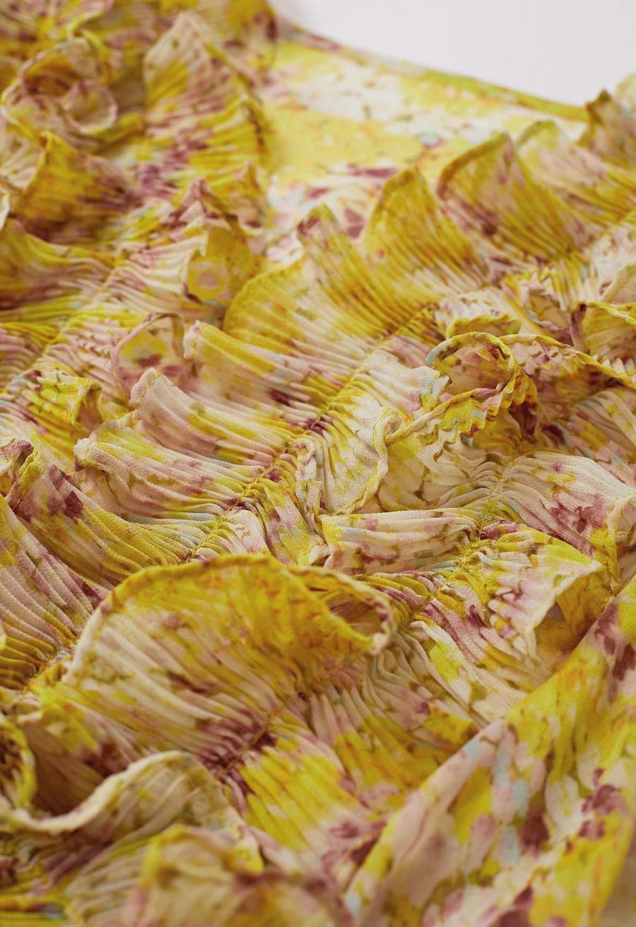 Fluttering Ruffle Floral Chiffon Crop Top in Yellow