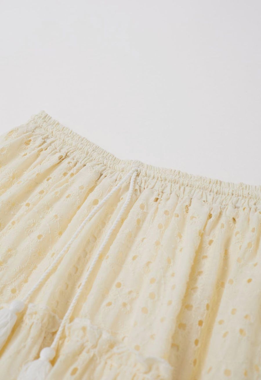 Eyelet Embroidery Tassel String Maxi Skirt in Light Yellow