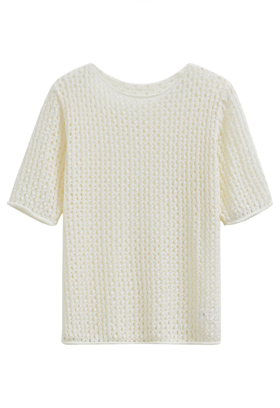 Hollow Out Rolled Edge Knit Top in Ivory