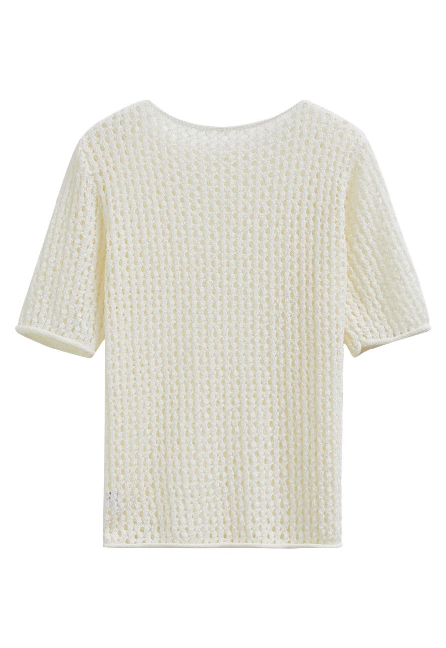 Hollow Out Rolled Edge Knit Top in Ivory
