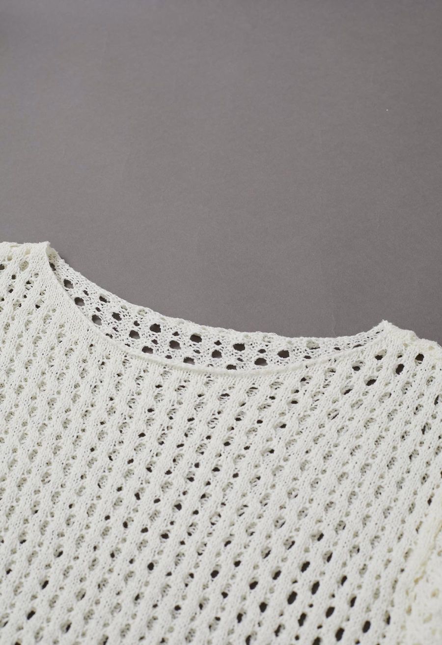 Hollow Out Rolled Edge Knit Top in Ivory