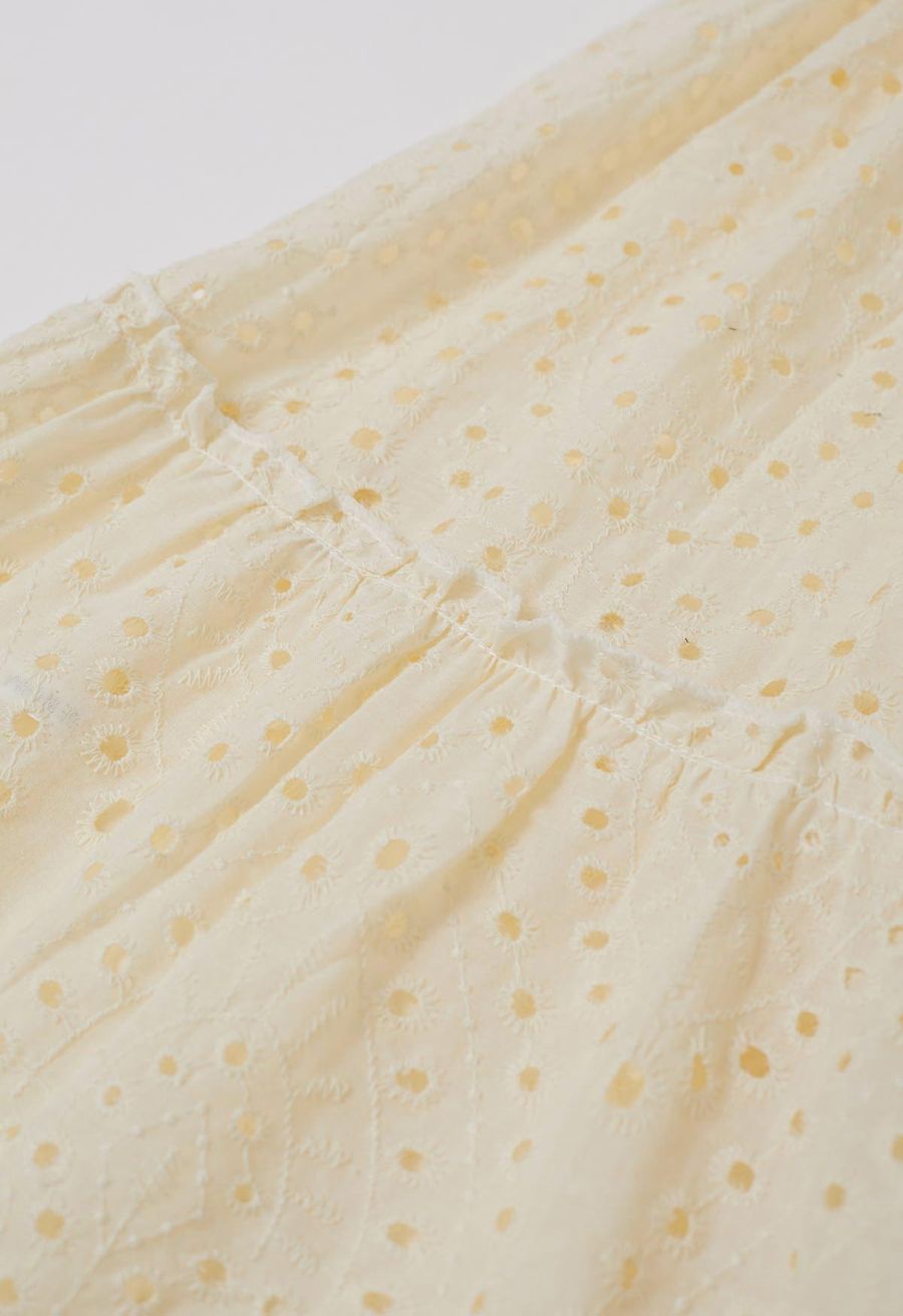 Eyelet Embroidery Tassel String Maxi Skirt in Light Yellow