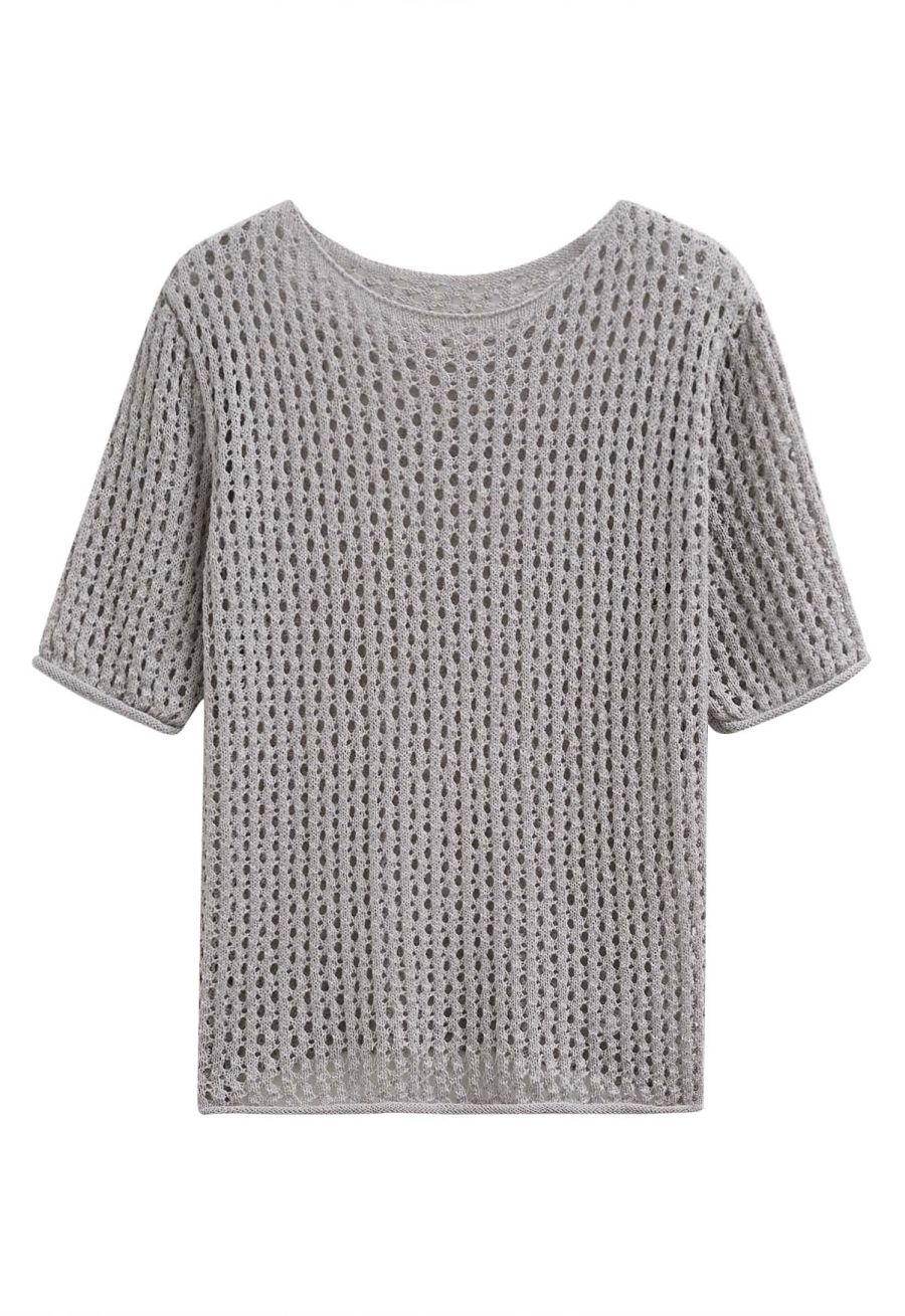 Hollow Out Rolled Edge Knit Top in Grey