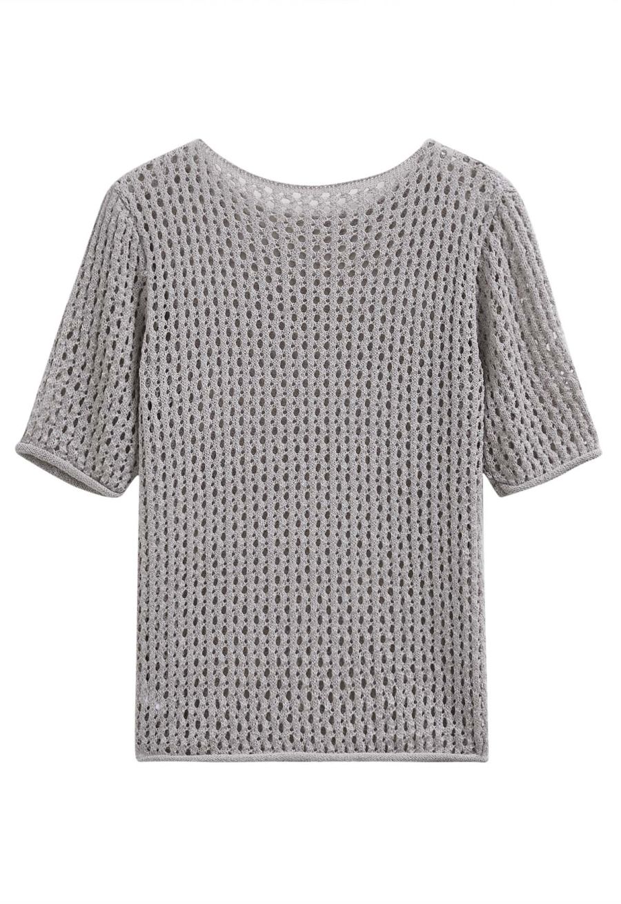 Hollow Out Rolled Edge Knit Top in Grey