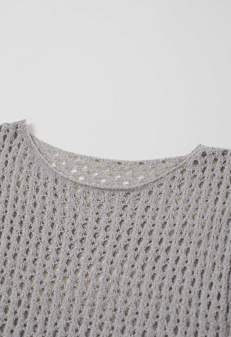 Hollow Out Rolled Edge Knit Top in Grey