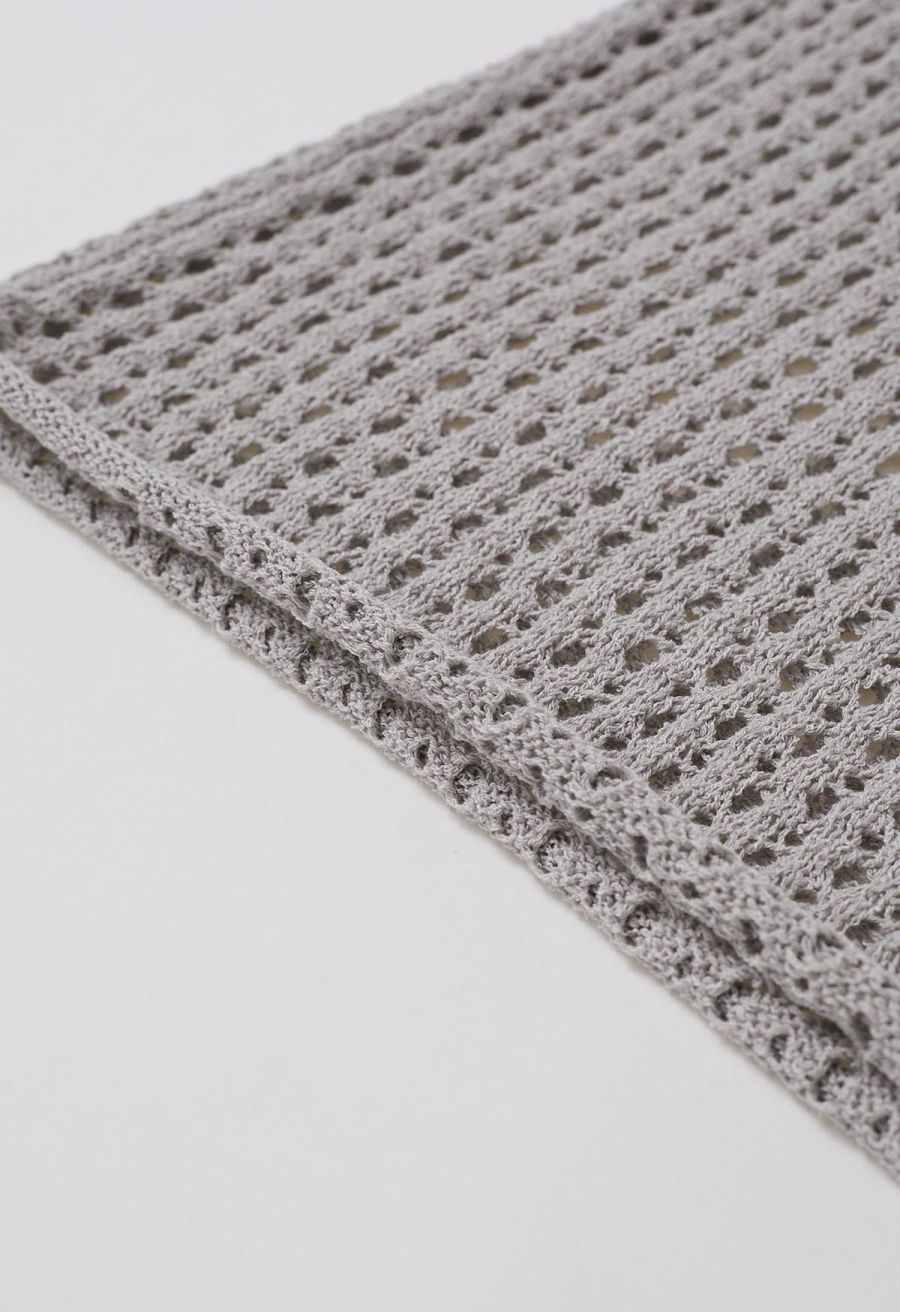 Hollow Out Rolled Edge Knit Top in Grey