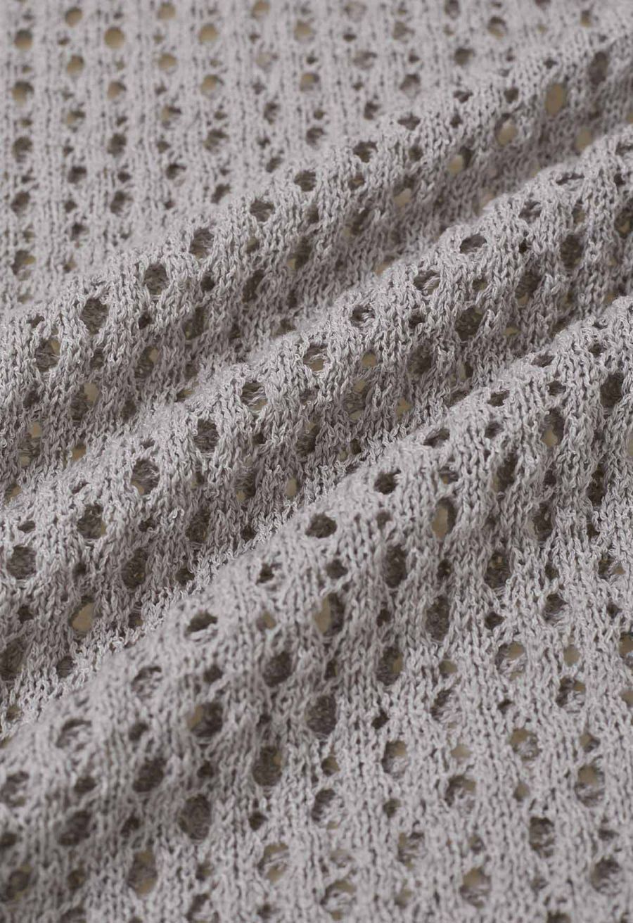 Hollow Out Rolled Edge Knit Top in Grey