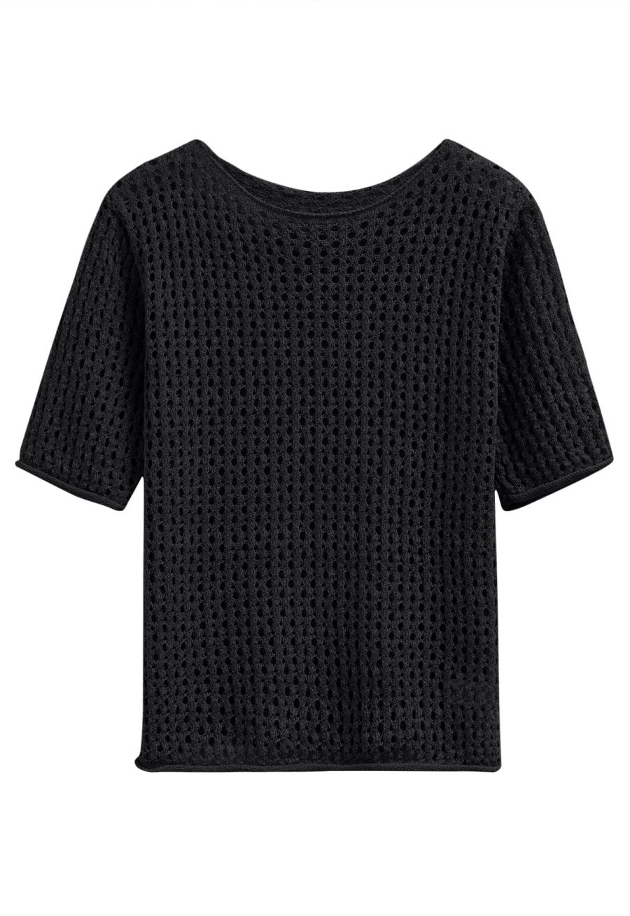 Hollow Out Rolled Edge Knit Top in Black