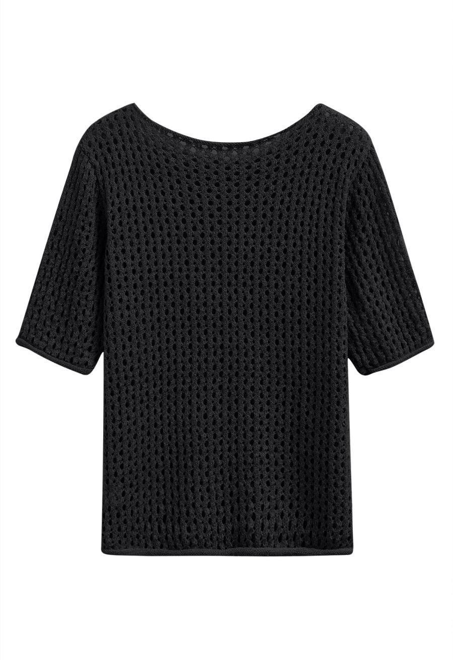 Hollow Out Rolled Edge Knit Top in Black