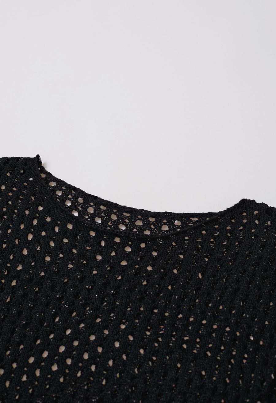 Hollow Out Rolled Edge Knit Top in Black