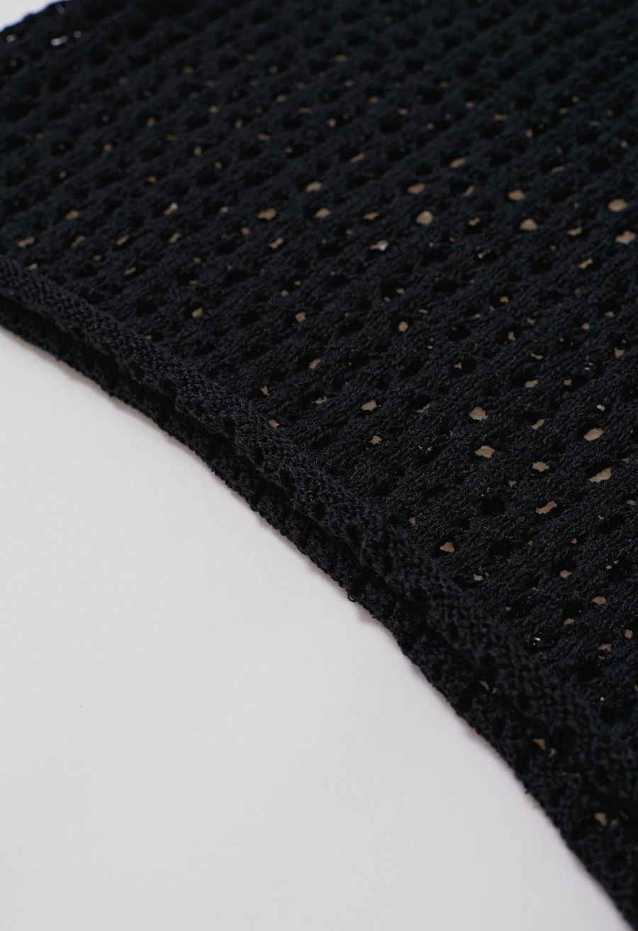 Hollow Out Rolled Edge Knit Top in Black