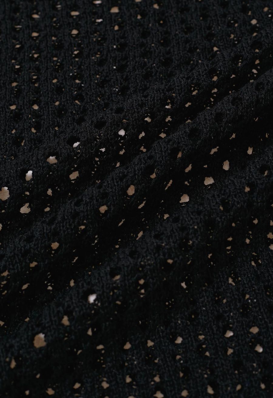 Hollow Out Rolled Edge Knit Top in Black