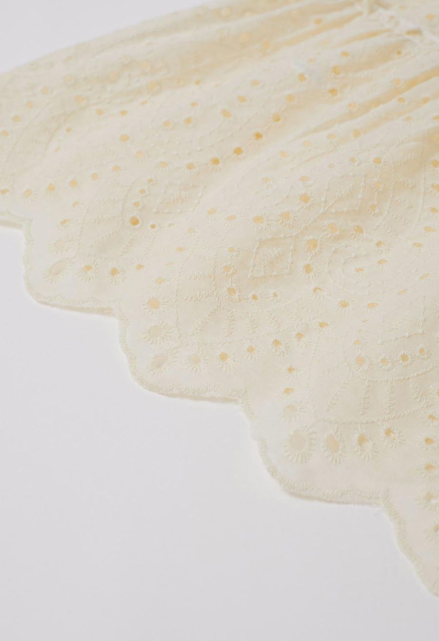 Eyelet Embroidery Tassel String Maxi Skirt in Light Yellow