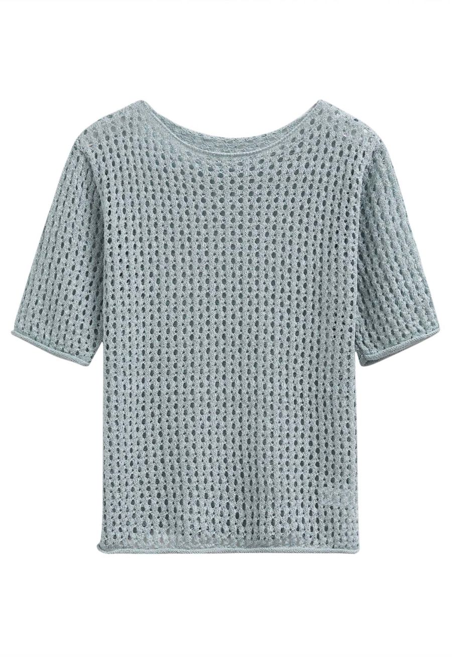 Hollow Out Rolled Edge Knit Top in Light Blue