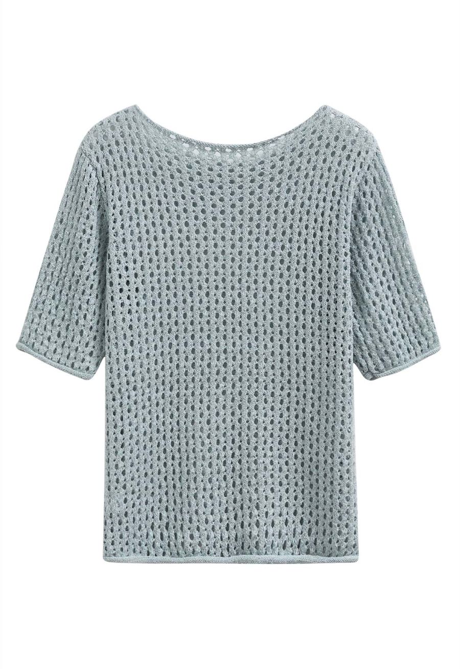 Hollow Out Rolled Edge Knit Top in Light Blue