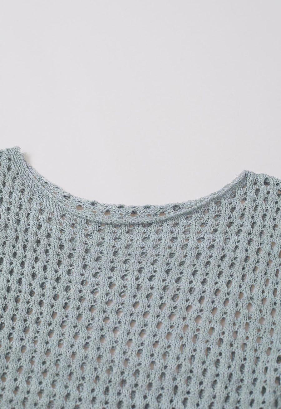 Hollow Out Rolled Edge Knit Top in Light Blue