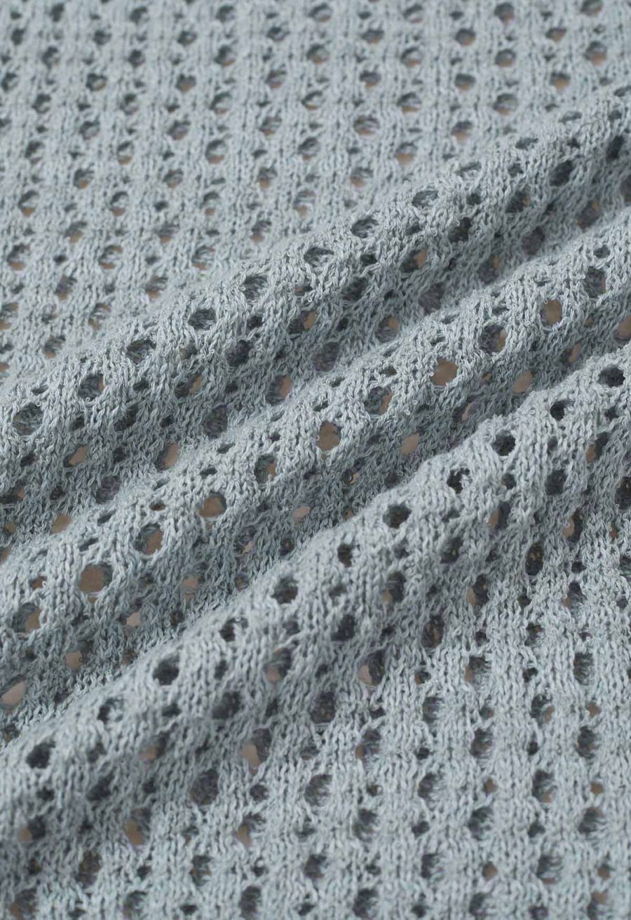 Hollow Out Rolled Edge Knit Top in Light Blue