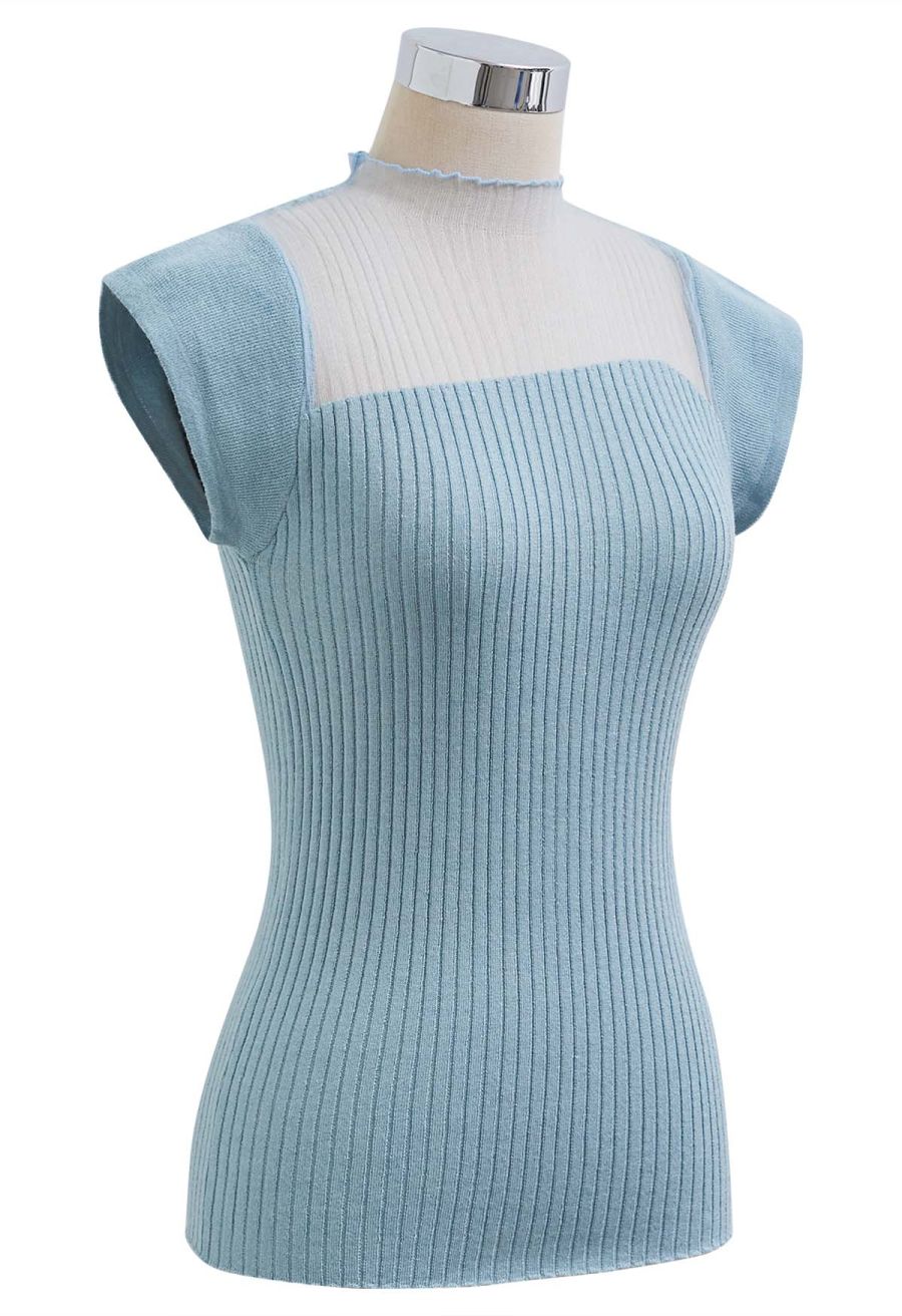 Mock Neck Asymmetric Mesh Spliced Ribbed Knit Top in Blue