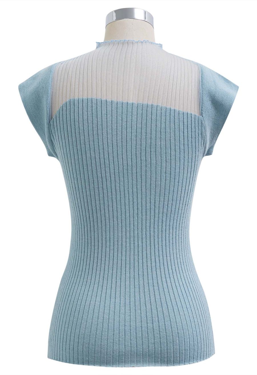 Mock Neck Asymmetric Mesh Spliced Ribbed Knit Top in Blue