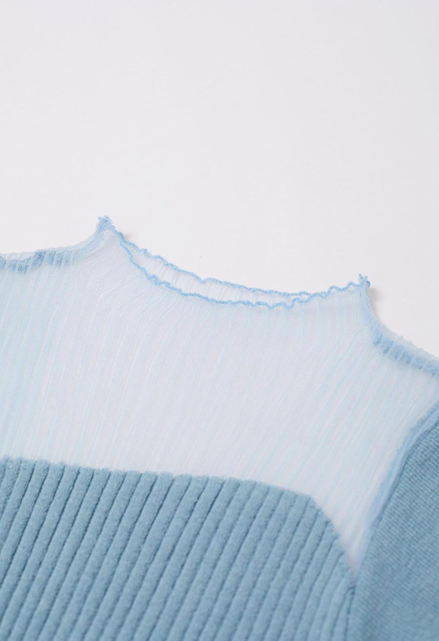 Mock Neck Asymmetric Mesh Spliced Ribbed Knit Top in Blue
