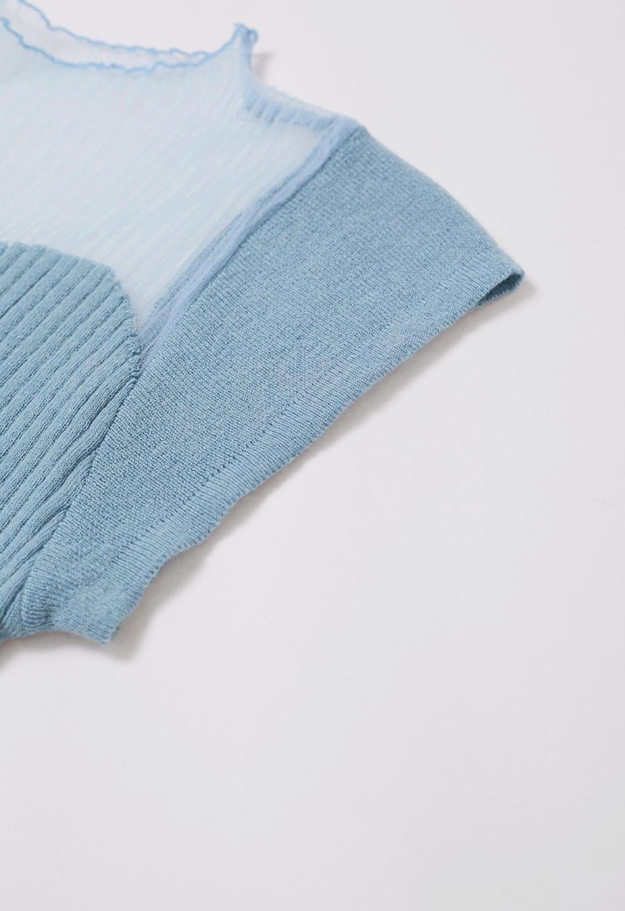 Mock Neck Asymmetric Mesh Spliced Ribbed Knit Top in Blue