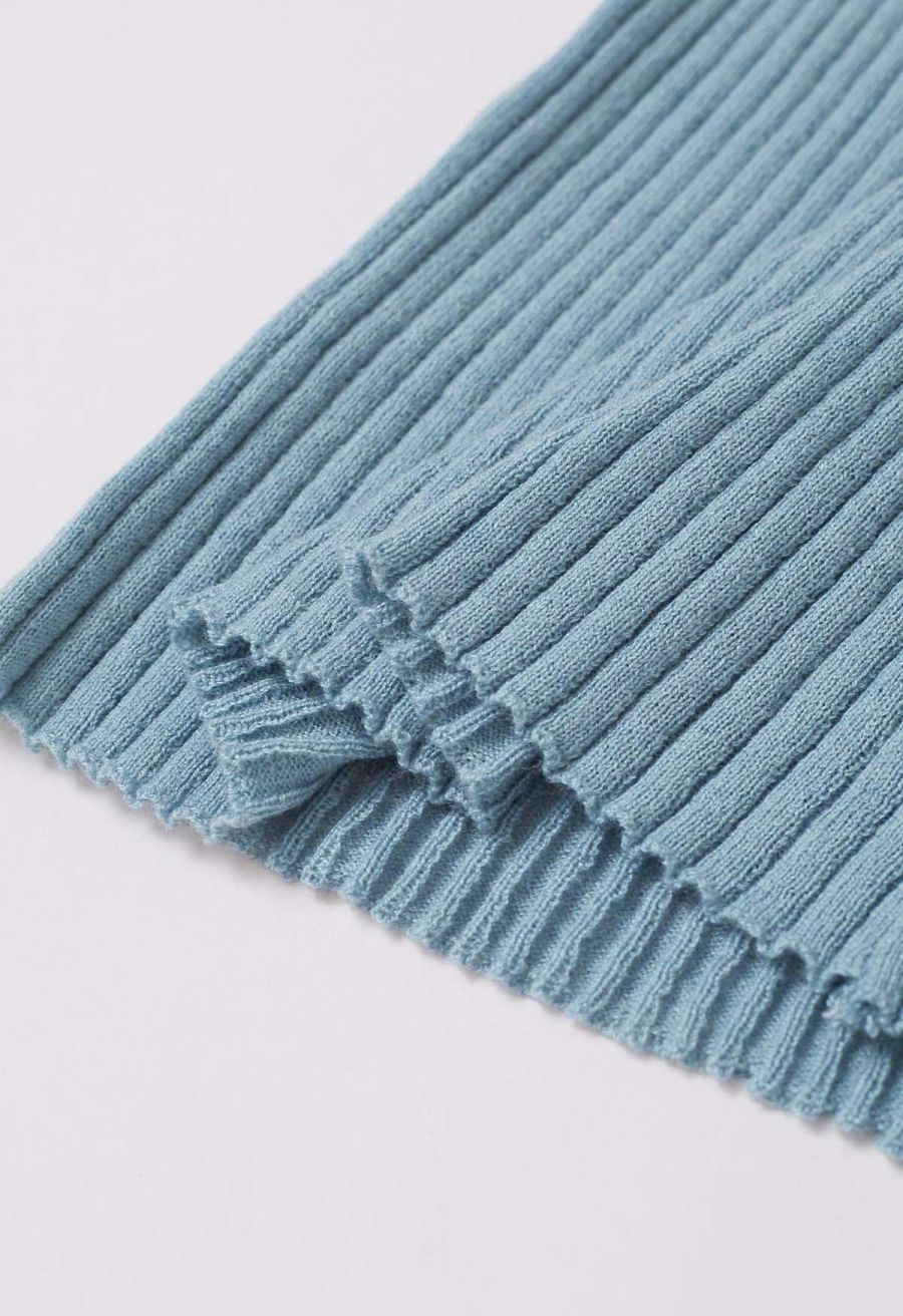 Mock Neck Asymmetric Mesh Spliced Ribbed Knit Top in Blue