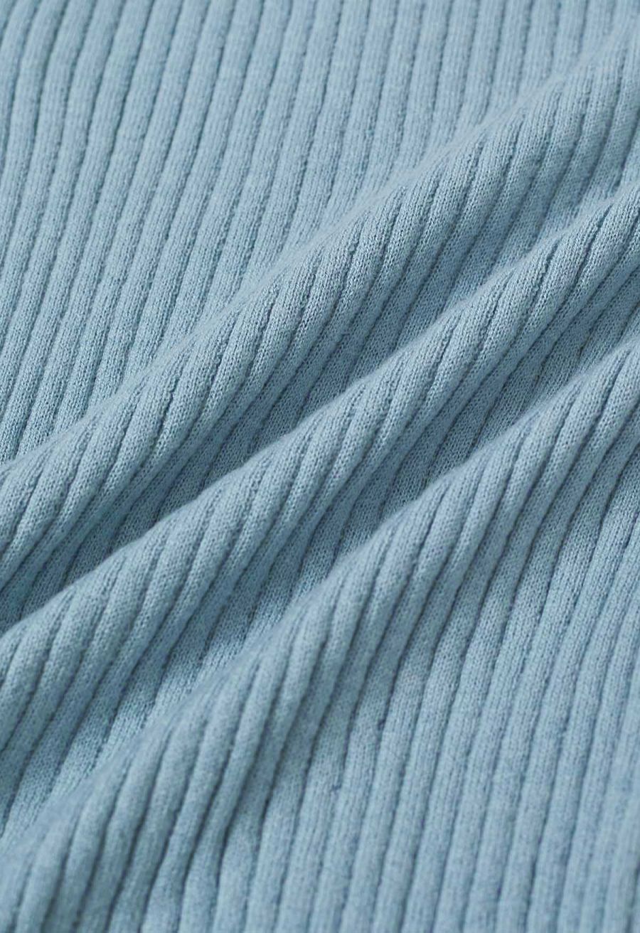 Mock Neck Asymmetric Mesh Spliced Ribbed Knit Top in Blue