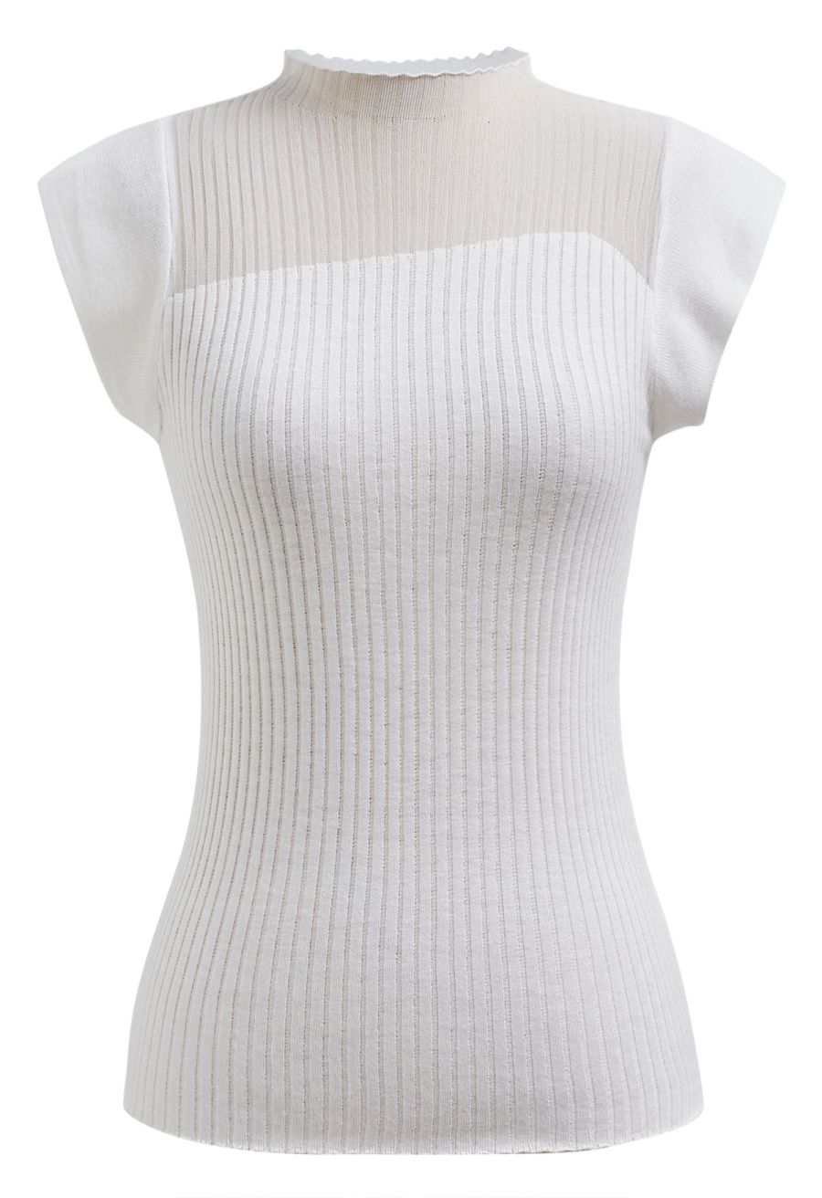 Mock Neck Asymmetric Mesh Spliced Ribbed Knit Top in White