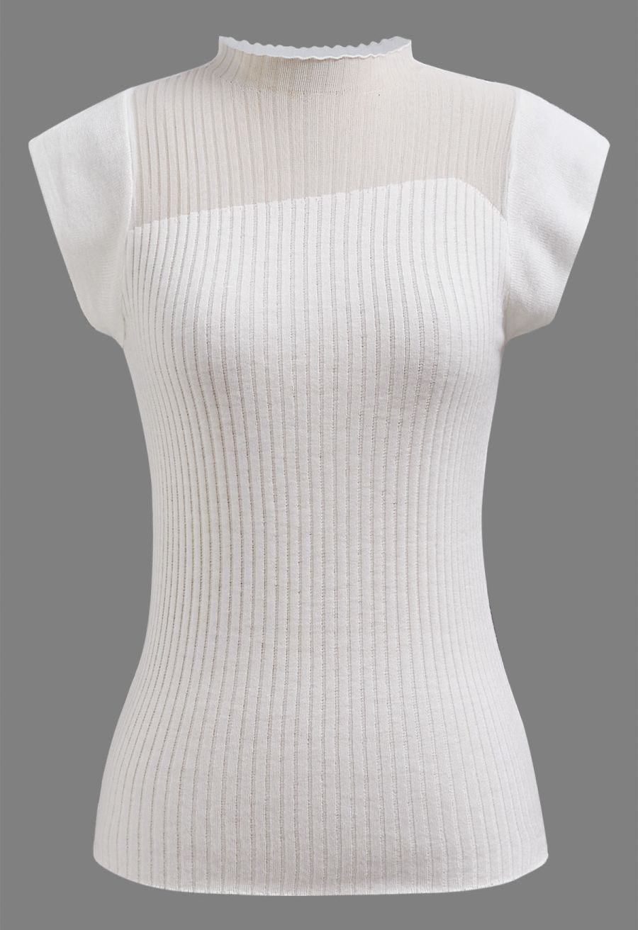 Mock Neck Asymmetric Mesh Spliced Ribbed Knit Top in White