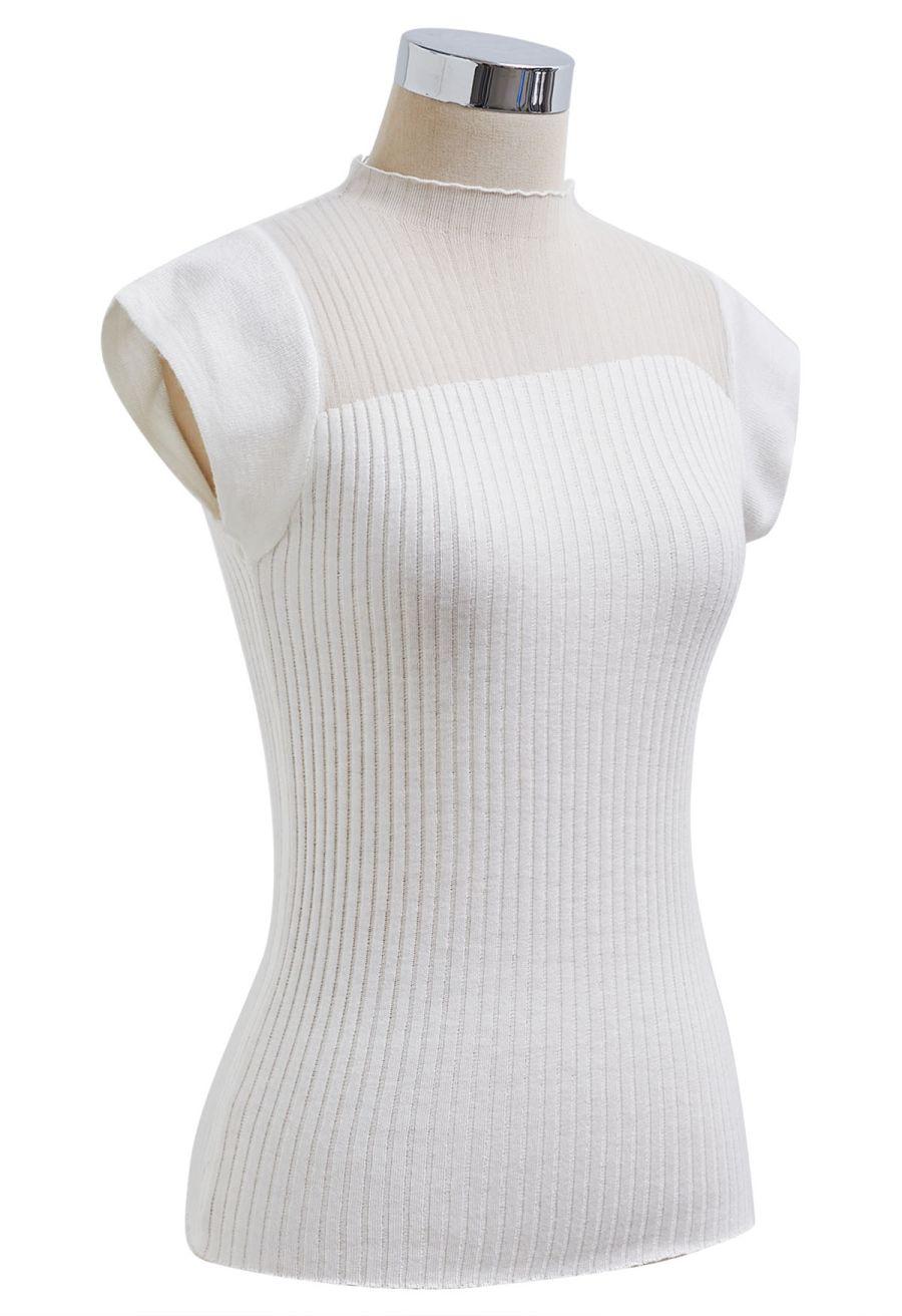 Mock Neck Asymmetric Mesh Spliced Ribbed Knit Top in White