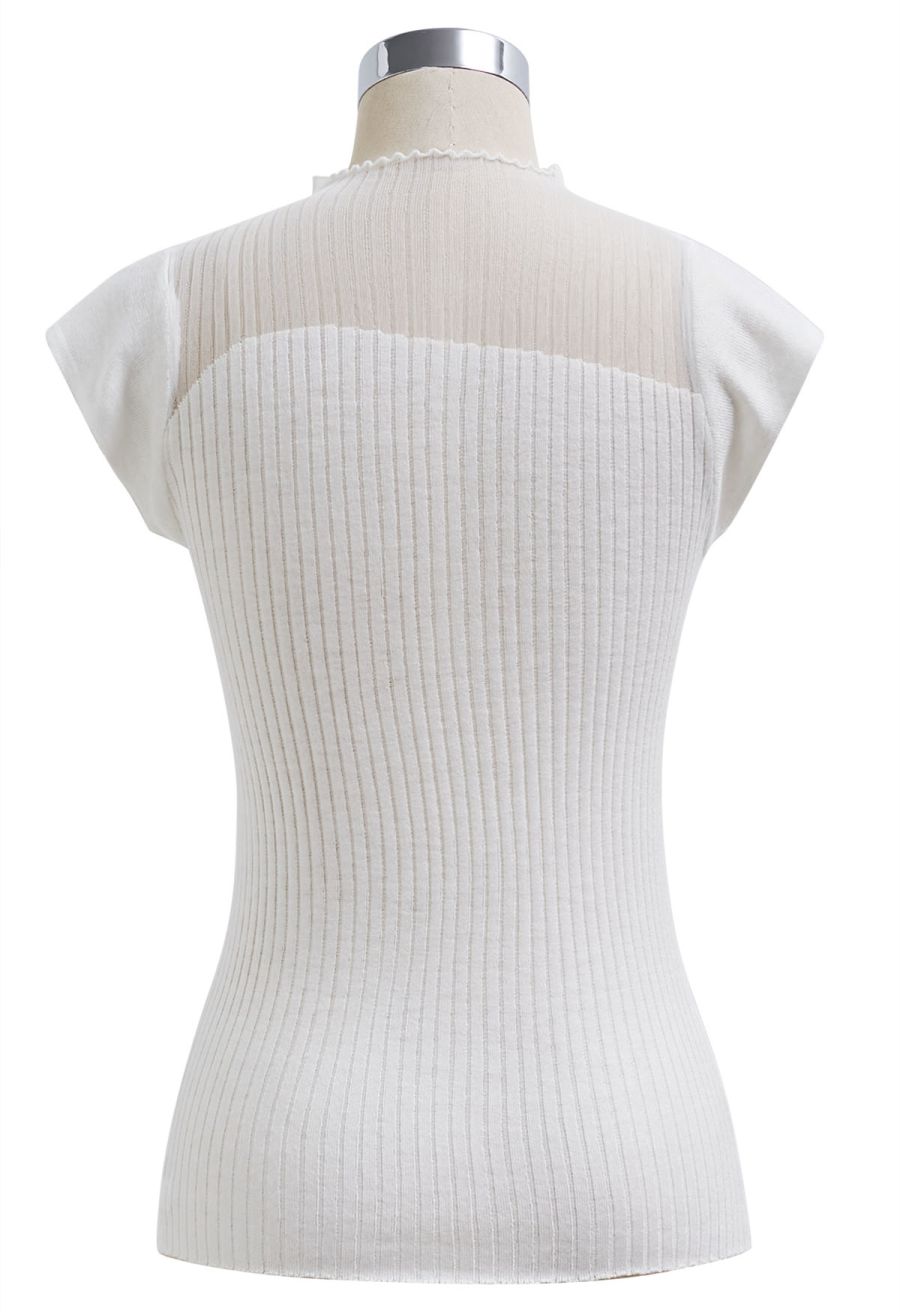 Mock Neck Asymmetric Mesh Spliced Ribbed Knit Top in White